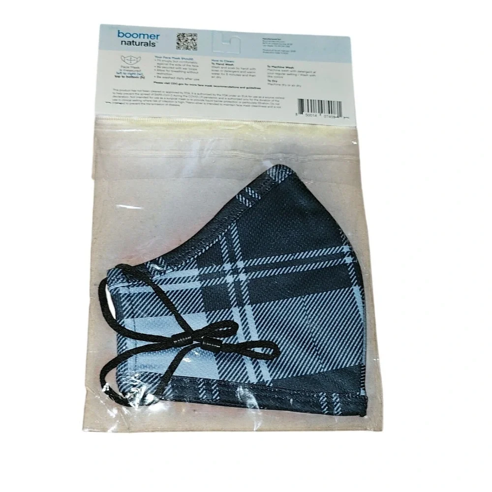 Boomer Naturals Reusable Face Mask Blue Black Plaid Nano-Silver Large 626,628